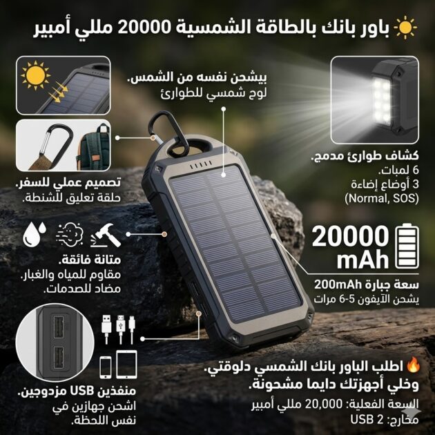 باور بانك بالطاقة الشمسية 20,000 مللي أمبير